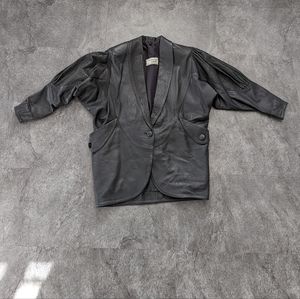 Vintage 80s soft black leather jacket with shoulder pads and leopard det…